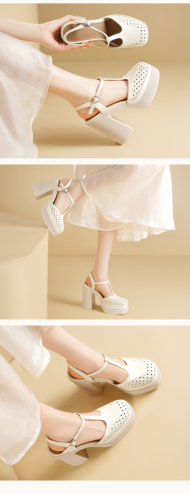 Sandal cao gót nữ mũi nhọn quai T khóa, đế dày 11 cm, phong cách dệt — màu trắng ngà chi tiết 5