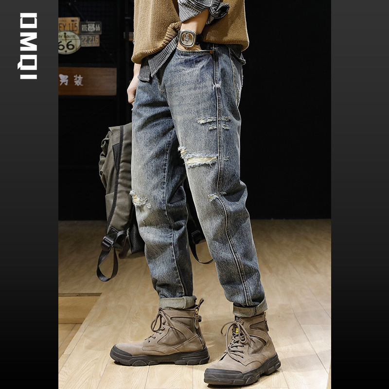Spring High-End Washed Ripped Jeans for Men, Retro Trendy Straight-Leg Plus-Size Harem Pants for Men