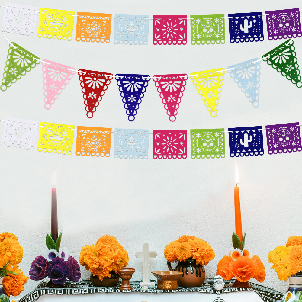 Decoración de fiesta mexicana bandera de tracción no tejida bandera triangular hueca 5 de mayo Día de los Muertos atmósfera diseño bandera de colores