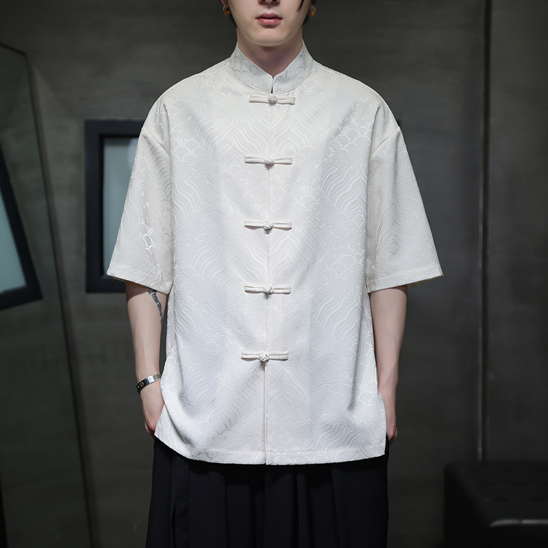 New Chinese Style Men's Clothing, Chinese Style Tang Suit, Men's Shirt with Frog Buttons, Summer Thin Short-Sleeve Shirt, Modified Hanfu