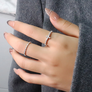 Diamond Cross Ring Personality Punk Street Fashion Bamboo Open Finger Ring Cross Thin Circle Ring for Women