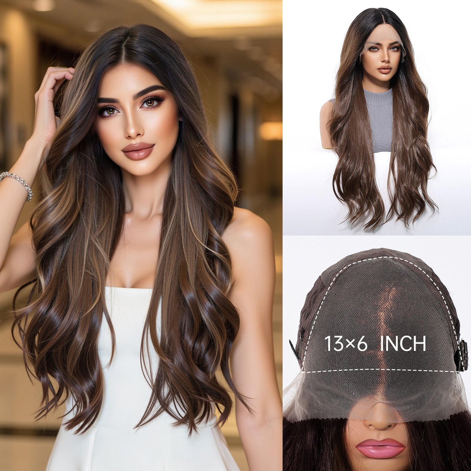 Venta caliente transfronteriza 13*6 pelucas de encaje de gran superficie de la fábrica femenina Spot marrón claro, corte de pelo largo y rizado, realista y transpirable