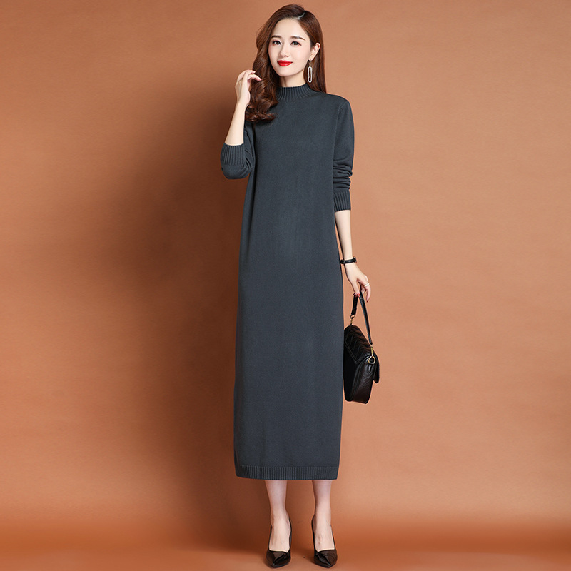 Autumn and winter women's semi-high collar dress, extra-long, loose, casual style, suitable for pairing with a coat, over-the-knee, soft and cozy knitted dress Autumn and winter women's semi-high collar dress, extra-long, loose, casual style, suitable for pairing with a coat, over-the-knee, soft and cozy knitted dress