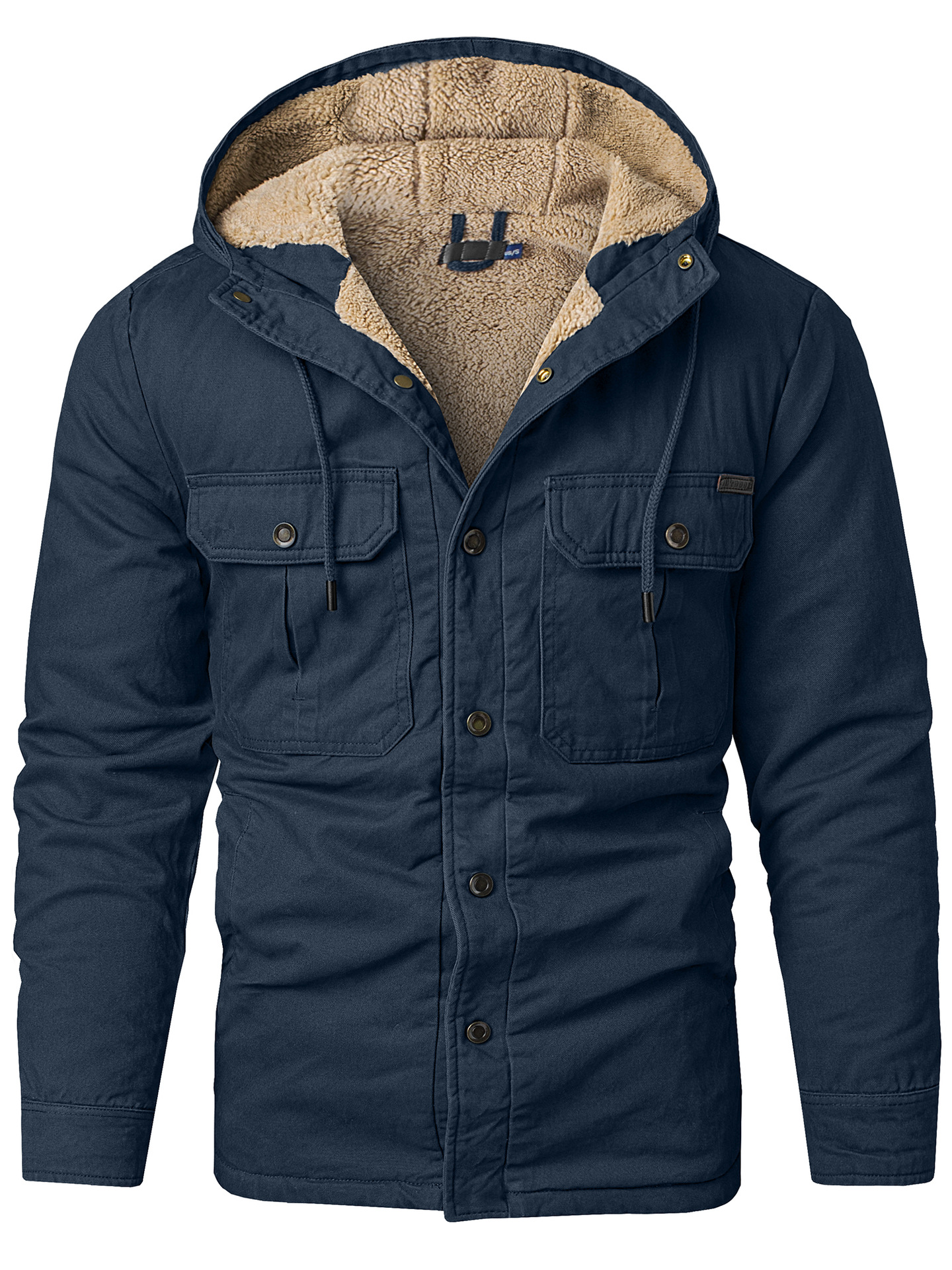 Miesten vaatteet, suoramyyntikoko, miesten monitaskuinen, suurikokoinen puuvillatakki, paksunnettu hupullinen puuvillatakki, keskipitkä puuvillatakki, sherpa-takki_voghion.com