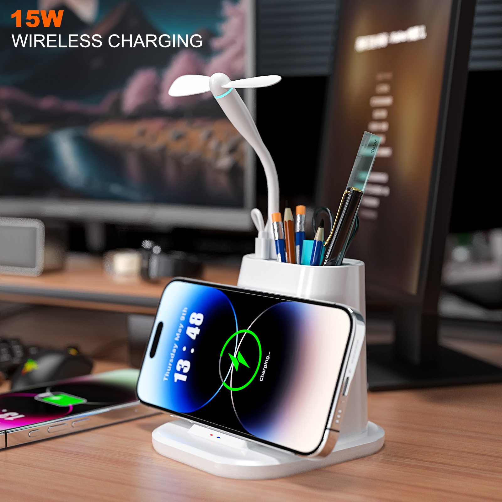 Organizador de escritorio con interfaz PD, portalápices, ventilador pequeño externo, lámpara de escritorio pequeña, caja de almacenamiento, cargador inalámbrico