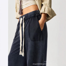 跨境欧美2025新款休闲裤女宽松绑带设计裤脚束口褶皱裤大口袋裤女