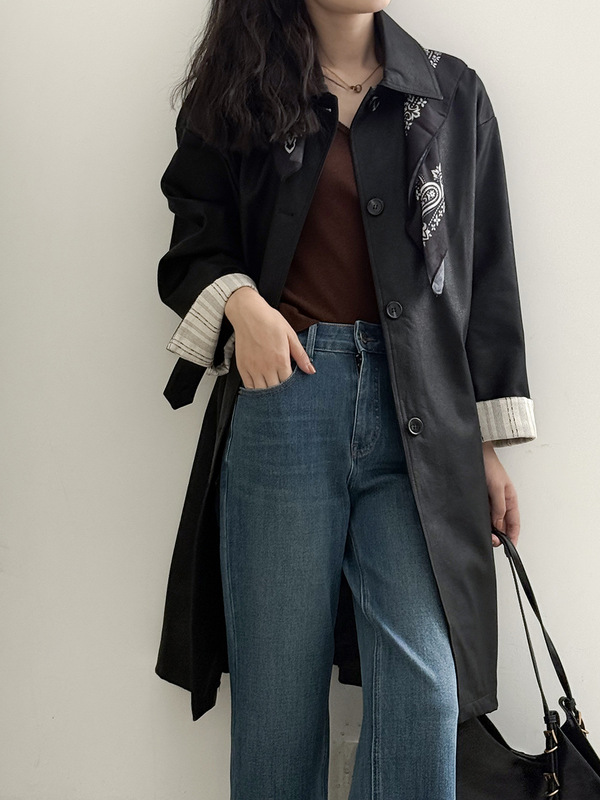 言双 简约竖条拼接卷边袖皮衣女 秋季设计感单排扣风衣大衣H9563|undefined