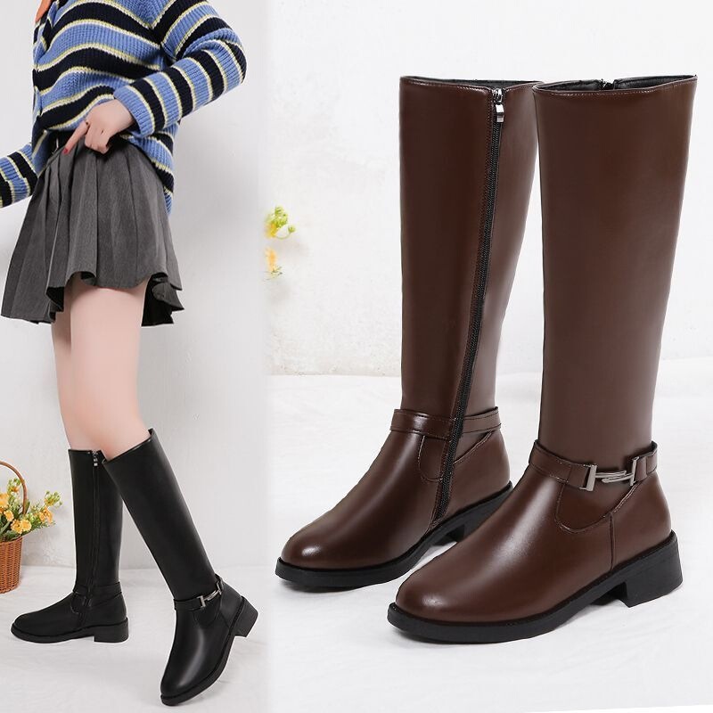 Women's fleece-lined warm boots, 2025 winter new collection, chunky-heeled, round-toe, retro-style riding boots, fashionable knee-high boots Women's fleece-lined warm boots, 2025 winter new collection, chunky-heeled, round-toe, retro-style riding boots, fashionable knee-high boots