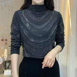 时尚遮肚秋冬女士长袖半高领打底衫烫钻重工洋气新款修身上衣显瘦