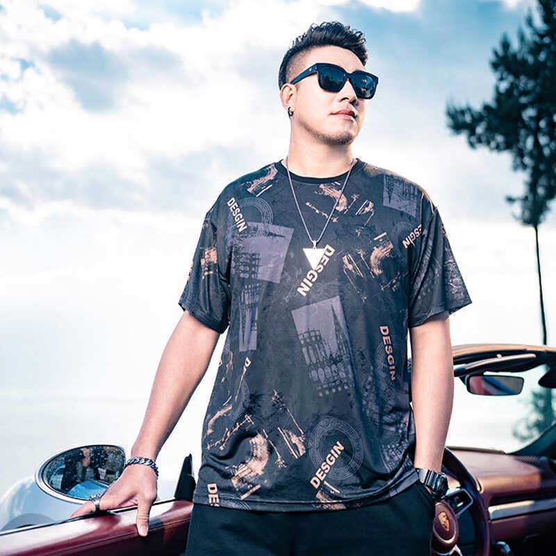 Summer FaT Man Pullover Round Neck ShorT-sleeved T-shirT Men's Loose PrinTed Plus Size Men's Ice Silk Quick-drying Half-sleeved