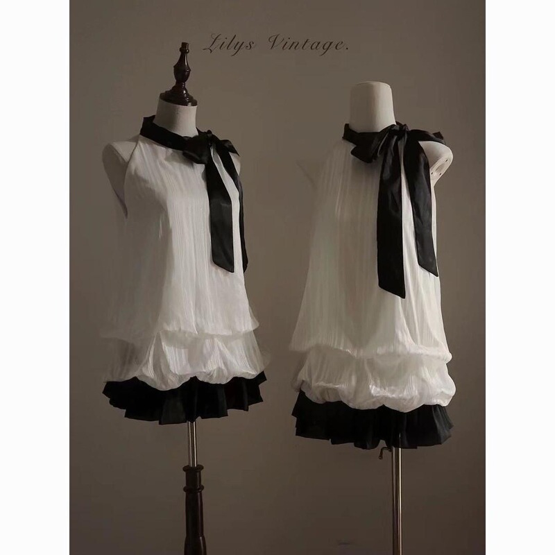 High-End Style Fashionable Clothes for Women, Sweet Halter Neck Flower Bud Dress, Bow Splicing Short Skirt