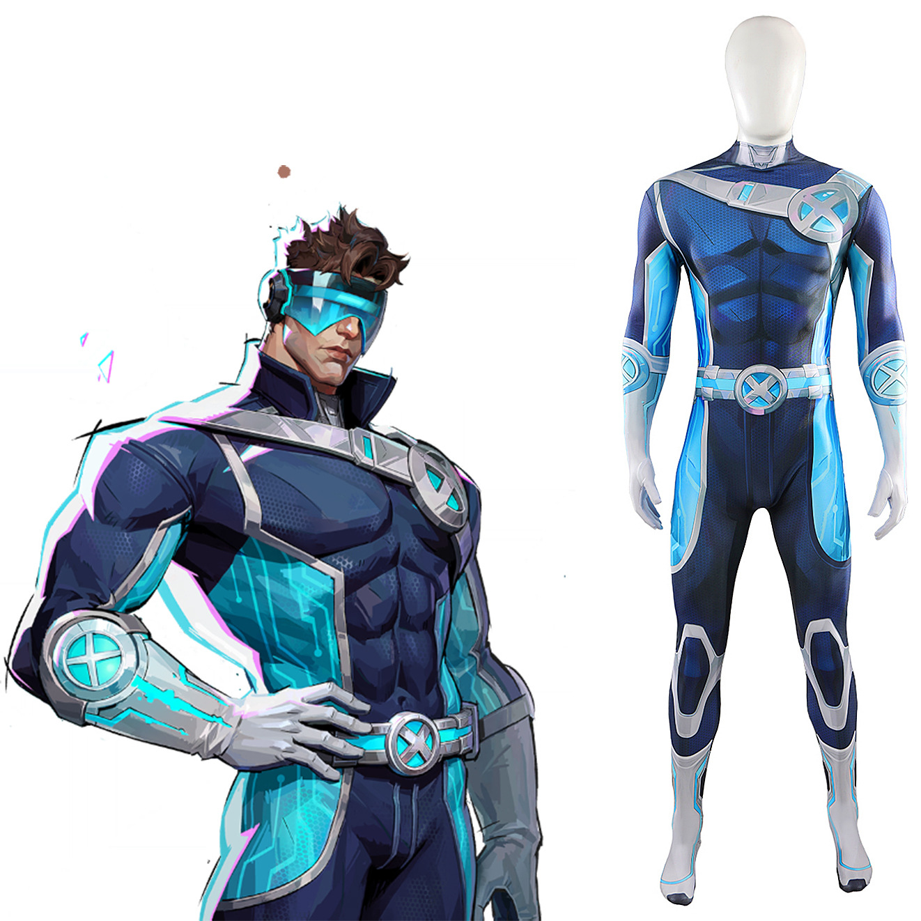 漫威争锋镭射眼蓝色款万圣节cosplay连体衣舞台服游戏角色扮演