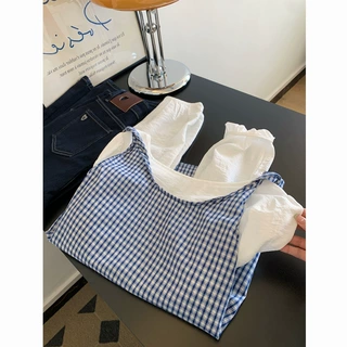 初秋小众穿搭白色衬衫叠穿蓝色格子吊带背心马甲女士气质上衣25秋