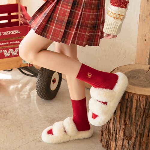 Double needle embroidery blessing ins thick thread animal year socks wedding couple wedding socks red new year-middle tube