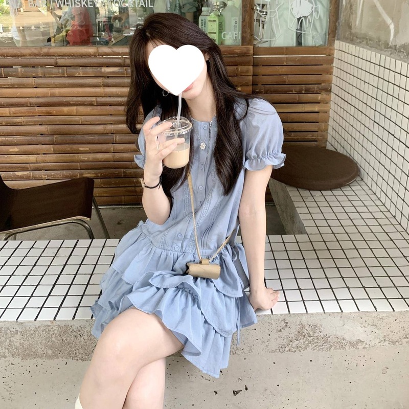 Berry 喜你而欢大庞风格 雾蓝色泡泡袖荷叶连衣裙女复古a字蛋糕裙|undefined