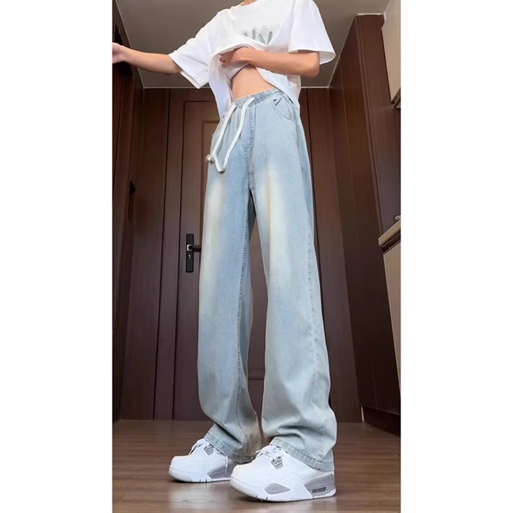 Light Blue Ice Silk Jeans Men's Thin Summer Straight Youth Pants Tall American Drawstring Wide Leg Pants