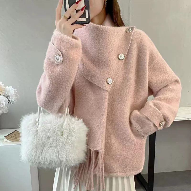 Французский маленький ароматный розовый шарф с допамином свитер куртка женский зимний новый свободный толстый вязаный кардиган