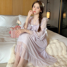 2026春季公主风仿棉里布蕾丝甜美网纱带胸垫中长款睡衣