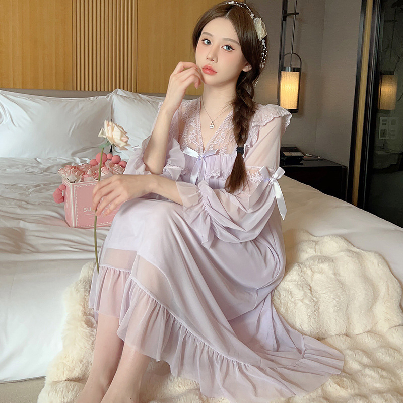 2026春季公主风仿棉里布蕾丝甜美网纱带胸垫中长款睡衣