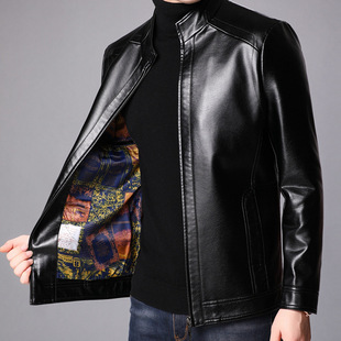 Spring and Autumn Leather Men's Haining Short Sheepskin Jacket with Vertical Collar Leather Jacket for Middle-aged