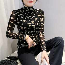 2024年秋季新款百搭长袖印花高领网纱t恤女时尚修身显瘦打底衫潮