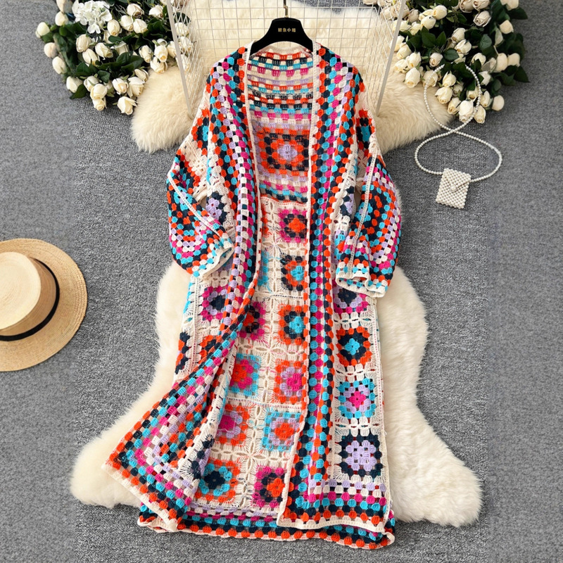 Foreign Trade Bohemian Holiday Style Hollow Crochet Embroidery Covered Antique Knitted Cardigan Women's Mid-Length Multi-Functional Shawl