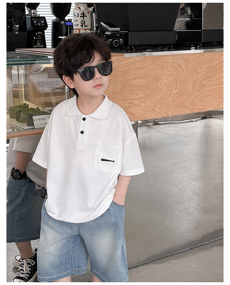 New 2024 Summer boys' polo shirt embroidered fish waistcoat short sleeve casual style summer refreshing handsome top