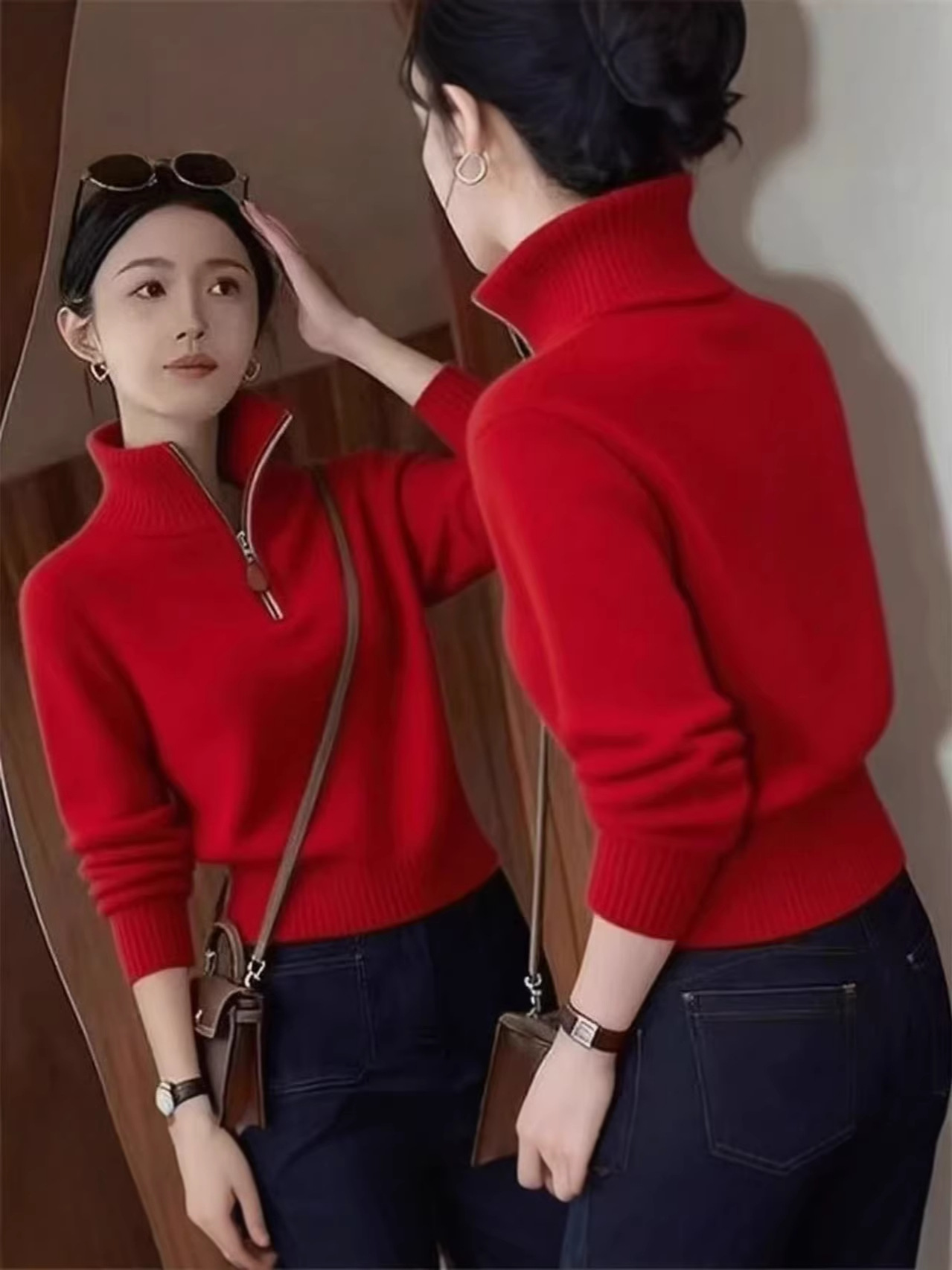 Áo len cổ lọ nữ dệt kim phối basic phong cách lười biếng — đen