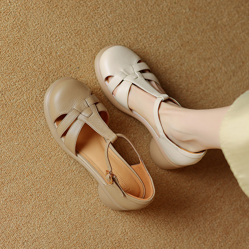 Sandal Mary Jane nữ đế dày gót vuông mũi tròn dệt kiểu La Mã — Màu trắng nhạt