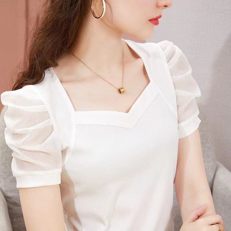 Ice Silk Short-Sleeved T-Shirt for Women 2026 Summer New Style White T-Shirt Commuter Style Puff Sleeve Large Size Elegant Top for Women