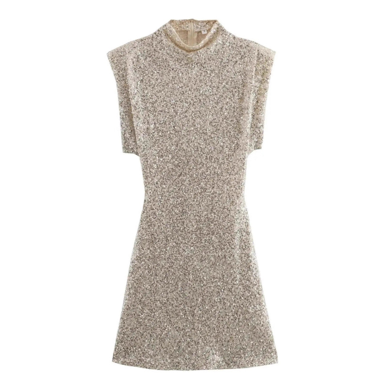 2026 European and American Cross-Border New Style Sleeveless Stand-Shoulder Dress with Sequins, Slim Fit, Bodycon Short Dress, Elegant Socialite Style