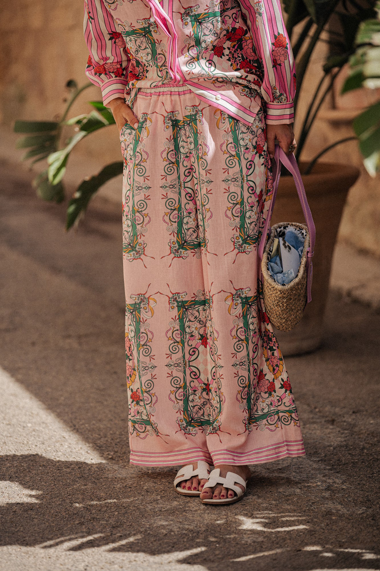 Loose Fit Type Holiday Women's Casual Streetwear Stripe Flower Polyester Printing Button Pant Co-ord Set Pants Sets