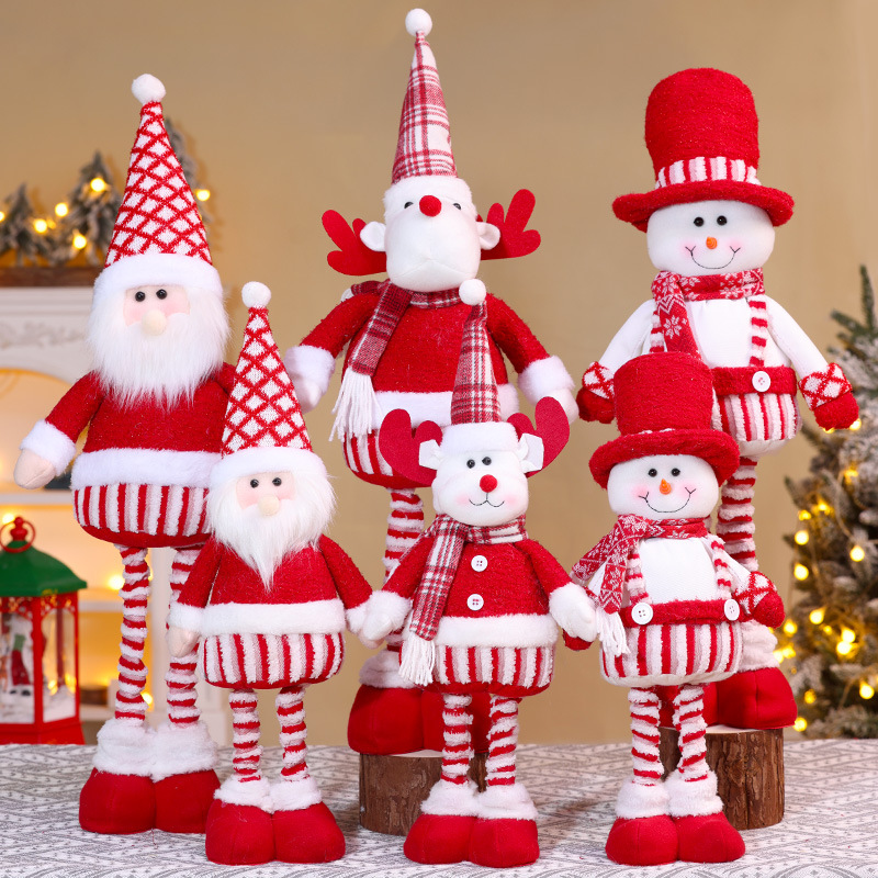 新款圣诞节伸缩站立公仔圣诞红色条纹老人雪人长腿摆件橱窗装饰品