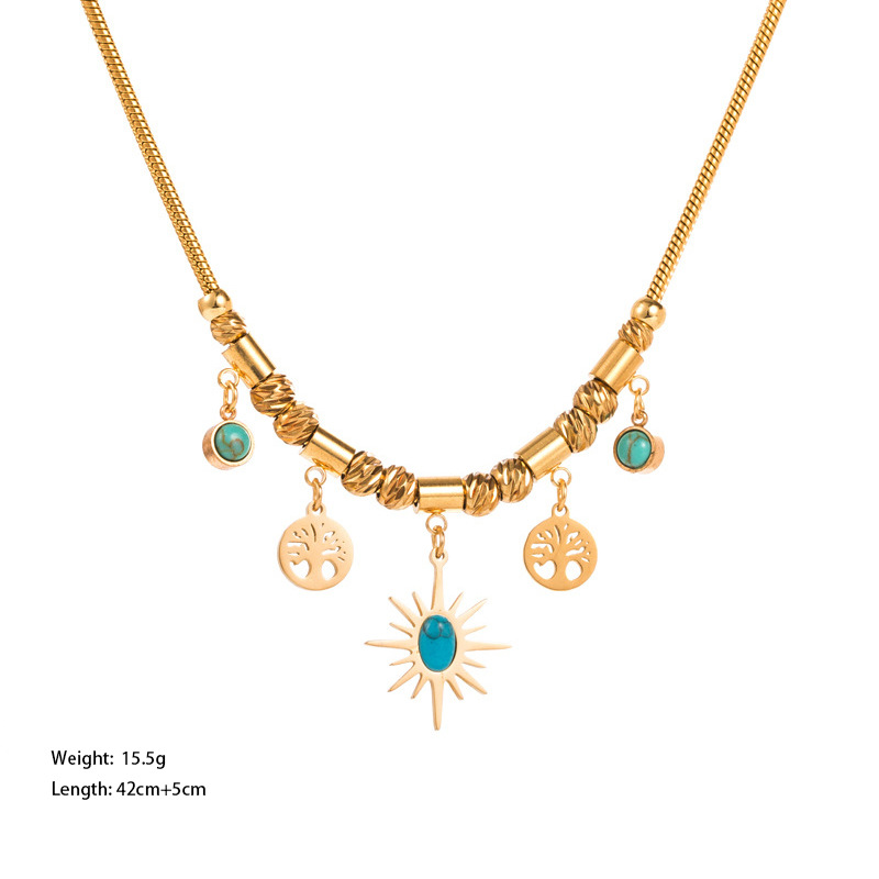 16g Weight 0.03µm-0.05µm Gold Plating Thickness PVD Coated Gold Plating Process PVD Coated Real Gold Plated 18K Gold Sun Tree 304 Stainless Steel Streetwear Waterproof Non Tarnish Bracelets Necklace