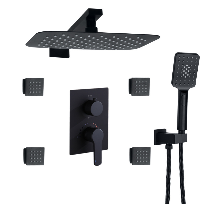 Matte black hot and cold water shower suit 30X20CM bathroom rain shower with three functions handheld