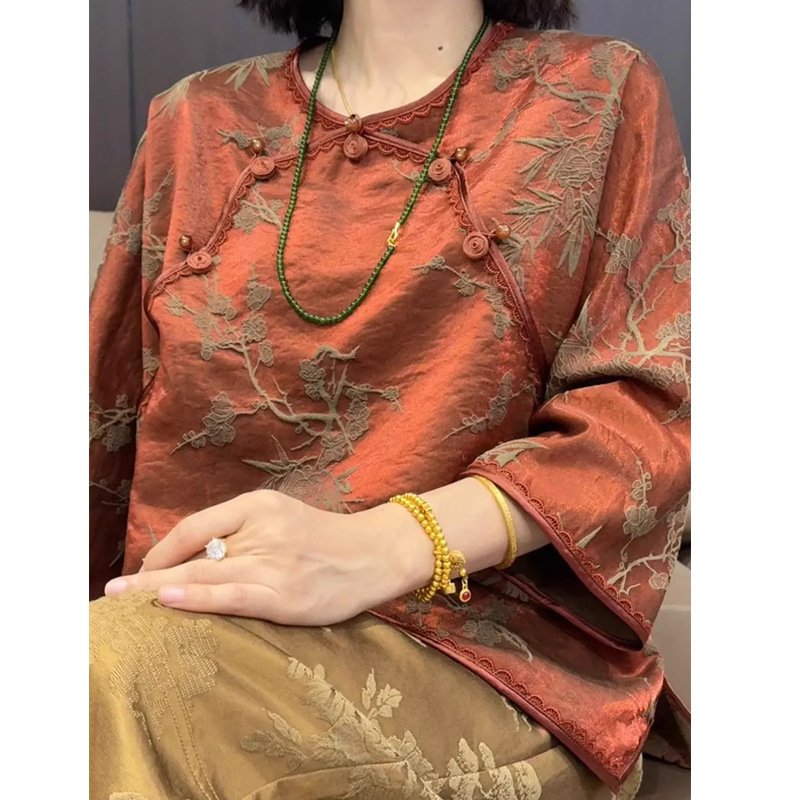 新中式香云纱花萝衬衫上衣女士2025秋季新款国风蜗牛盘扣宽松小衫|undefined