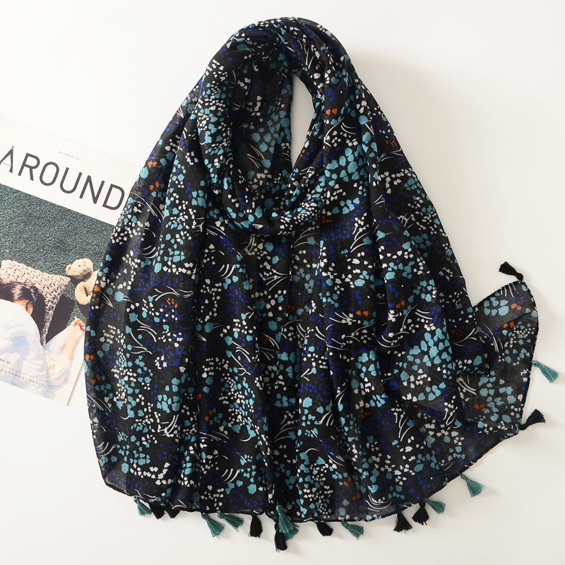 Nuevo estilo étnico retro algodón y lino sensación bufanda azul oscuro floral impreso bufanda de seda de las mujeres viajes playa toalla chal