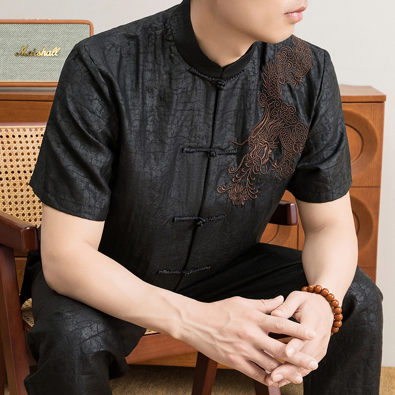 Áo sơ mi nữ tay ngắn cổ đứng lụa tơ tằm phong cách vintage — Da đen 8849