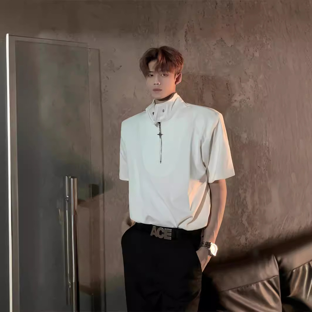 夏装立领金属拉链polo衫男潮牌设计感小众解构廊型宽松短袖T恤