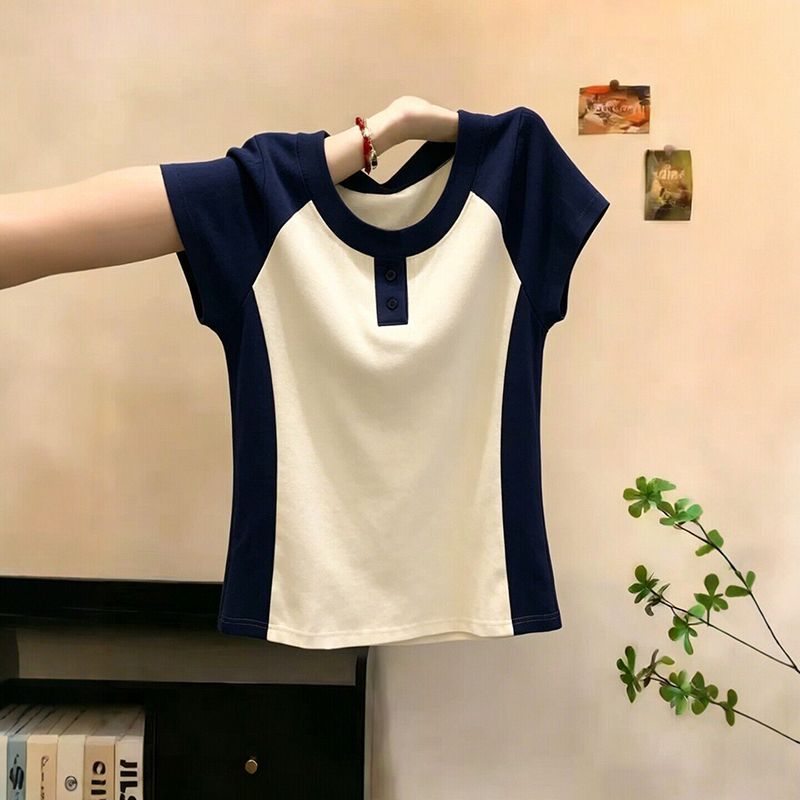 Fashionable Versatile Color-Blocked Raglan Sleeve Short-Sleeve T-Shirt for Women, 2026 Summer New Slim-Fit Chic Top