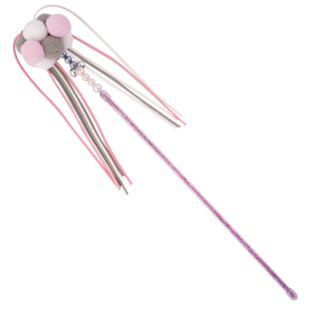 Nuevos suministros para mascotas en línea celebridad de hadas divertido gato palo coreano hecho a mano borla perla pluma campana divertido gato juguete