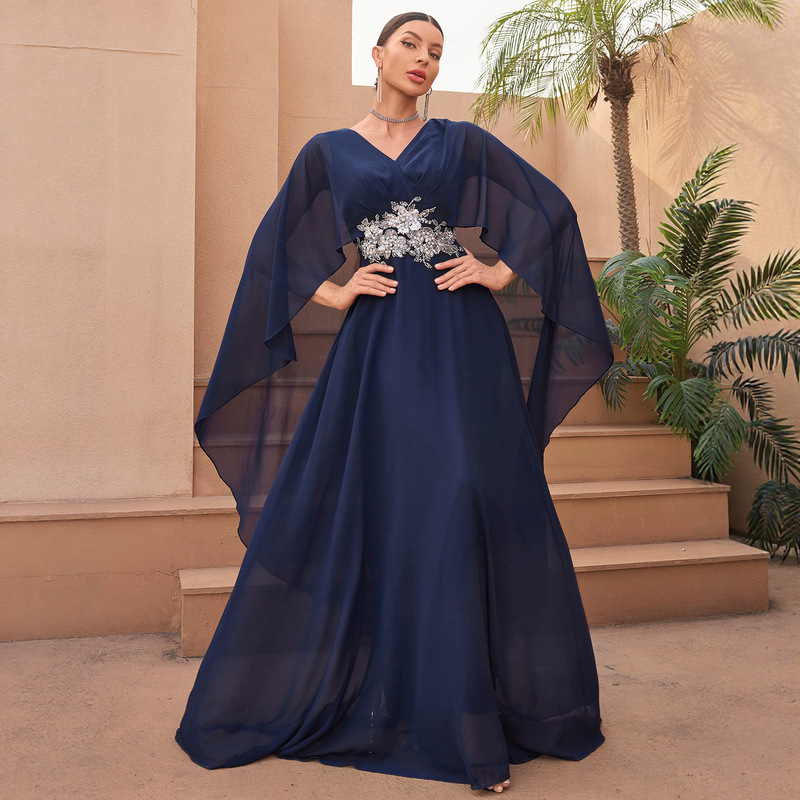 Amazon Cross-Border V-Neck Batwing Sleeve Embroidered Waist Beaded Large Hem Evening Gown Dress Amazon Cross-Border V-Neck Batwing Sleeve Embroidered Waist Beaded Large Hem Evening Gown Dress