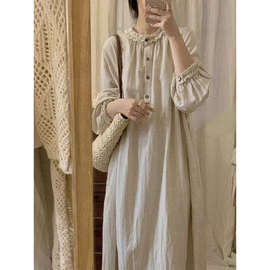 日系复古棉麻长袖连衣裙女2025春文系气质宽松垂感亚麻长裙子