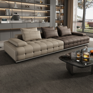 Deep Seat Lawrence Straight Row Leather Sofa Italian Minimalist Living Room Large Apartment Large Flat Floor Designer Cowhide Sofa