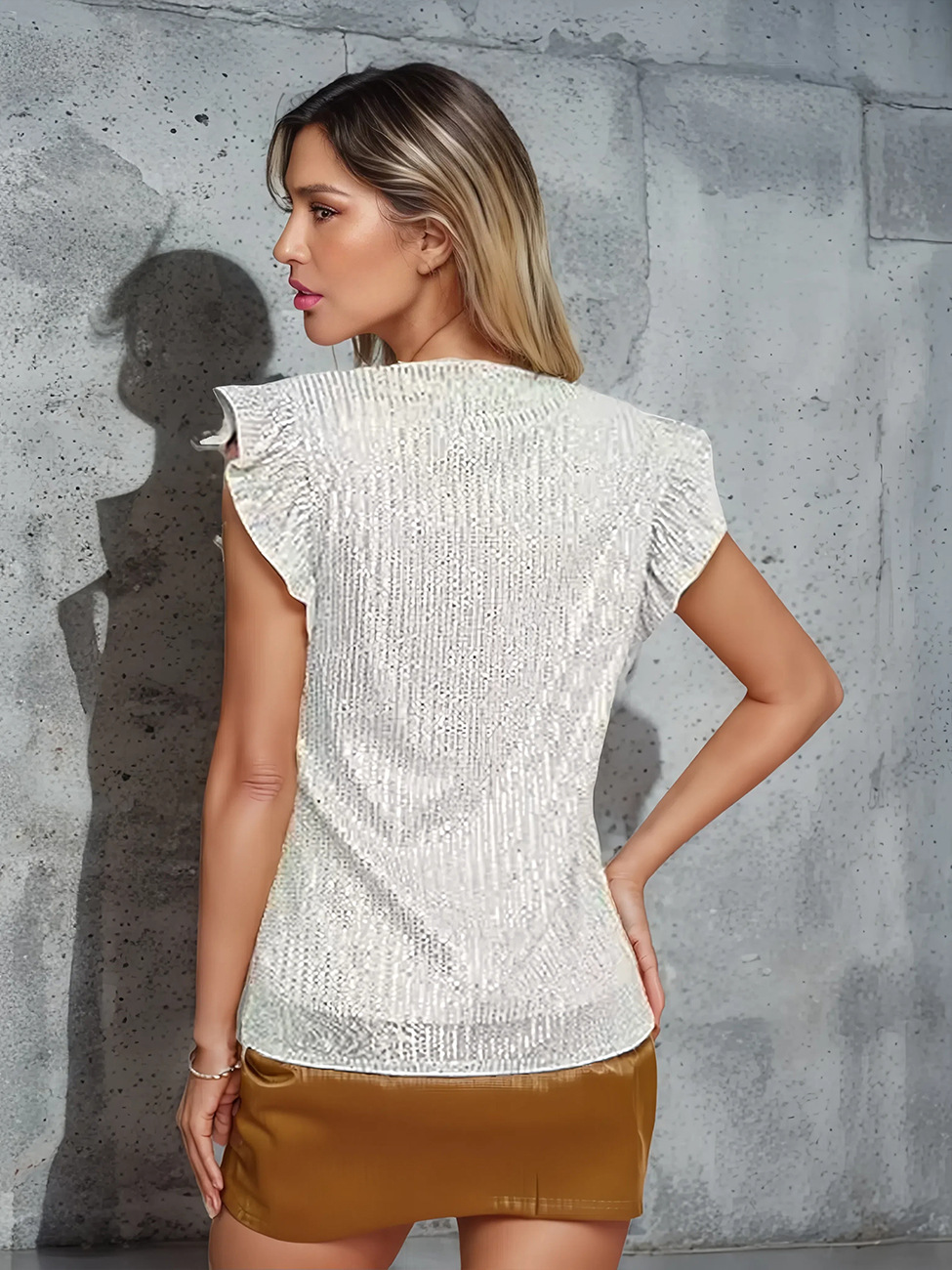 Women's Sexy V Neck Flutter Short Sleeve Sequin Top – Glitter Casual Summer Tee_ecoleips.com