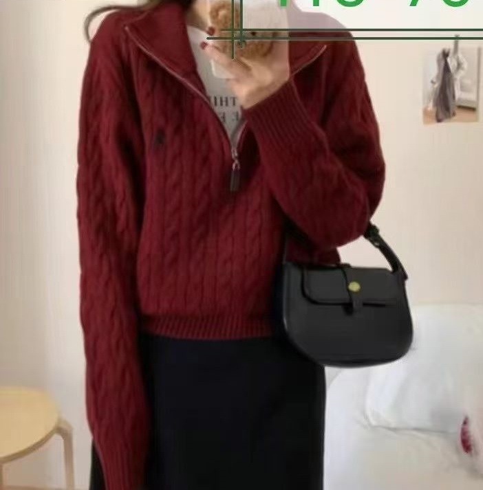 跨境秋冬半拉链麻花刺绣针织外套女2025款韩系慵懒风小马休闲毛衣|undefined
