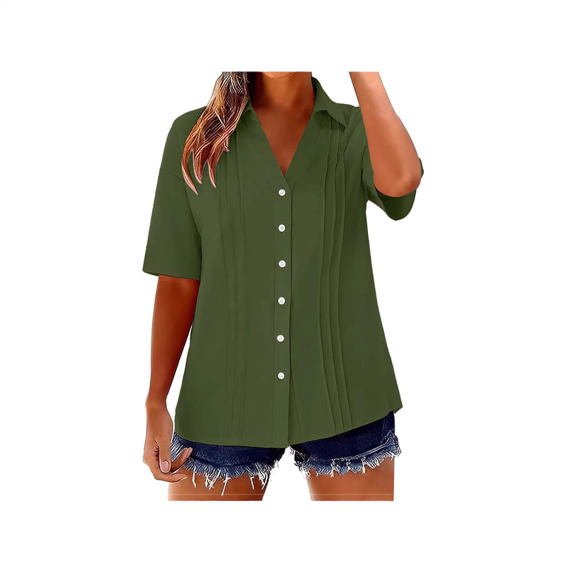 Women's Fashionable Summer Solid Color Faux Cotton-Linen Turn-Down Collar Short-Sleeve Shirt with Full Button Closure and Pleated Design