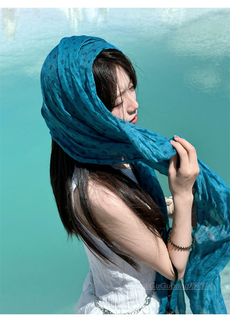 Hijab de seda y chal de algodón y lino para mujer azul lago_voghion.com