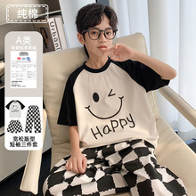 春夏款纯棉睡衣男童青少年短袖三件套2025新款儿童夏季空调家居服