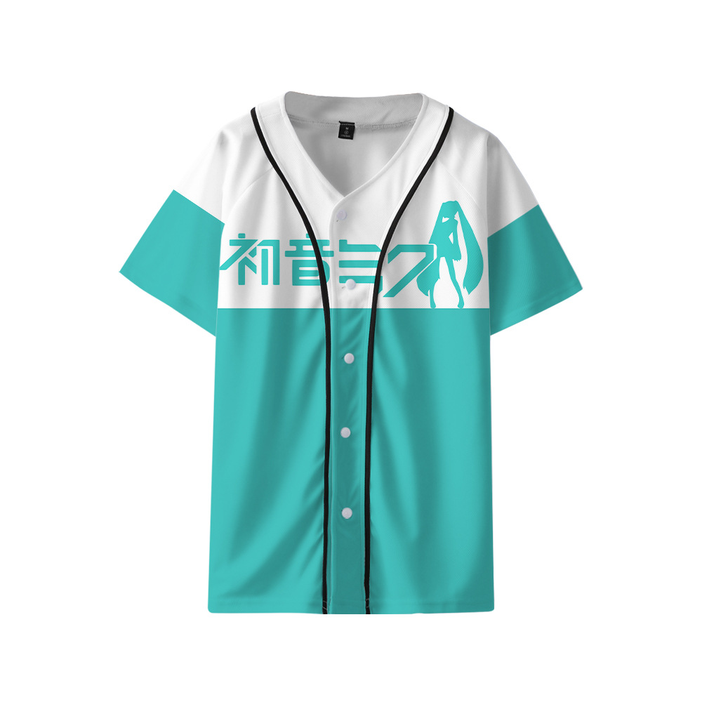 Hatsune Miku cartoon print summer cool men's thin baseball jacket quick-drying casual sports shirt short sleeve